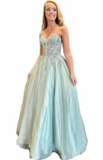 Taylor Sage Lace Up Corset Tulle Gown